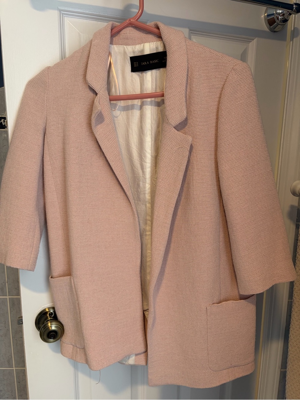 Zara Women's Pink Textured Open Blazer XS, 3 quarter length sleeve